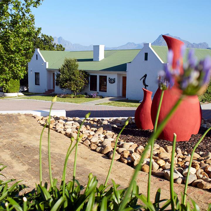 Farm buildings with red clay pots and agapanthus